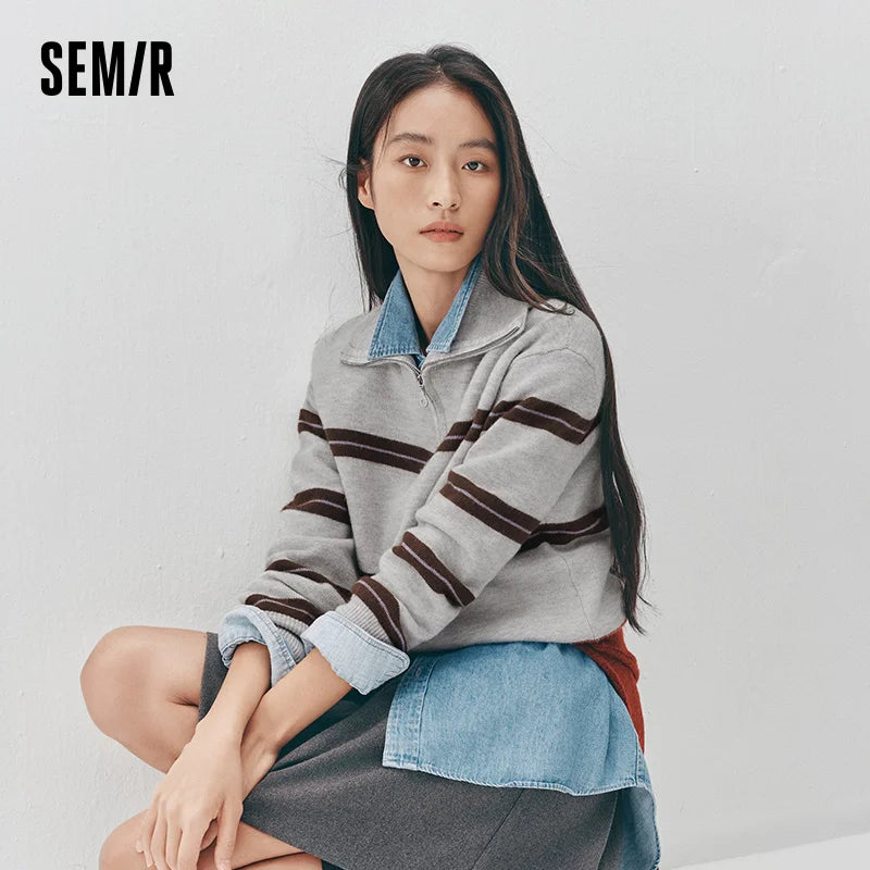 Semir Women Sweater Stripe Pattern Half Zip Loose Fit Retro Style Soft Touch 2026 Winter Layering Wear Warm Knit Everyday Style