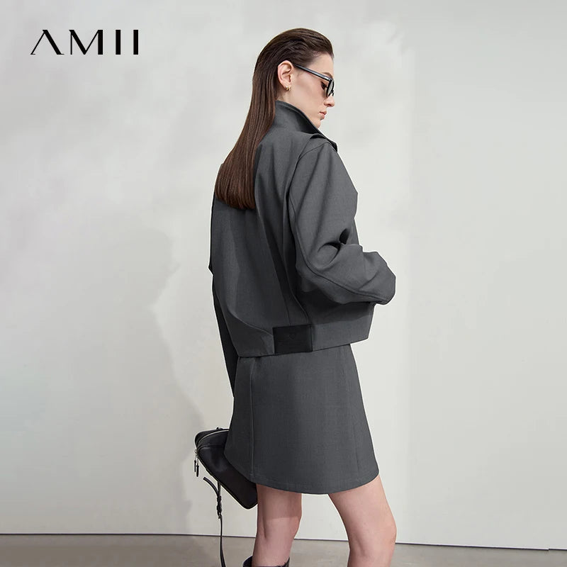 AMII Mini Skirt 2026 Autumn New Minimalist Loose Zipper Long Sleeve Jacket Solid Versatile Short Skirt Ladies Clothes 12543024