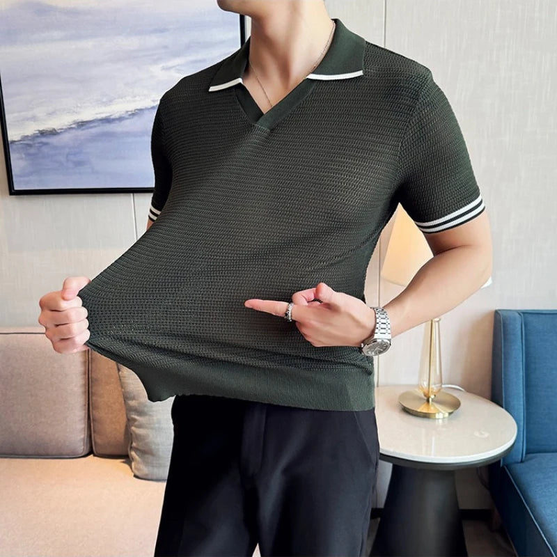 Men's Contrast Trim Knitted Polo Shirt - Slim Fit V-Neck Short Sleeve Summer Top | Breathable Textured Business Casual Tee