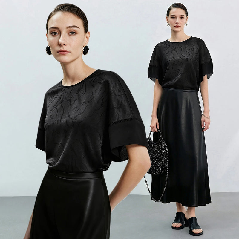 Am Women's Chiffon Blouse 2026 Summer Chinese Style O-Neck Cutout Ribbon Trim Batwing Sleeve Top Loose Jacquard Shirt 12622151