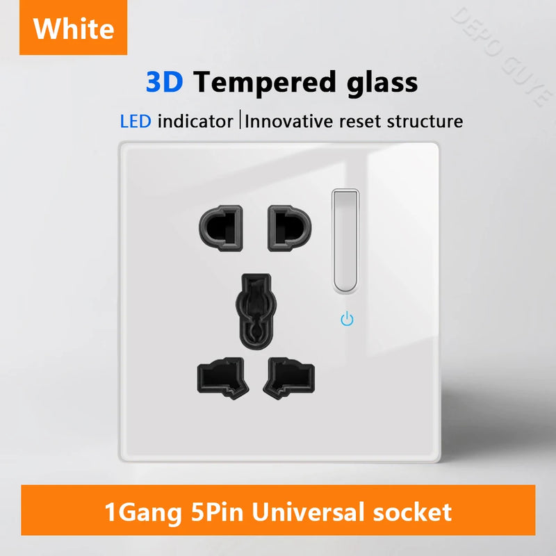 White LED indicator light switch Panel glass piano key Self-reset wall switch socket,UK Universal USB Type-C Electrical outlet