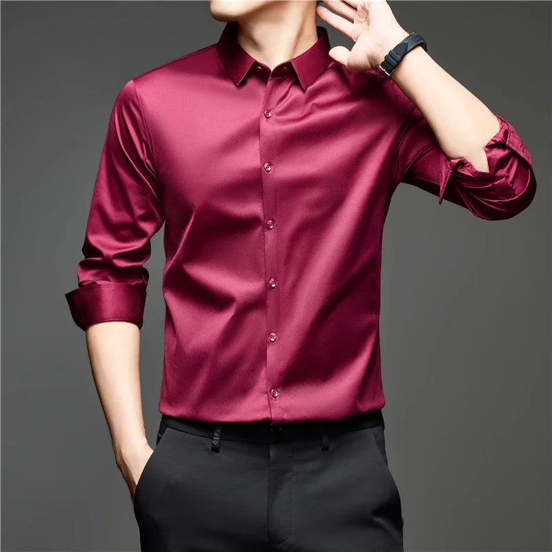 Mens Lightweight Button Up Dress Shirt Lapel Collar Long Sleeve Glossy Texture Top For Daily Business Occasions