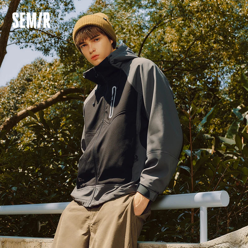 Semir Jacket Men Winter Fleece Lined Loose Hooded Outerwear 2025 New Outdoor Cycling Color Block Top Fashion Trendy