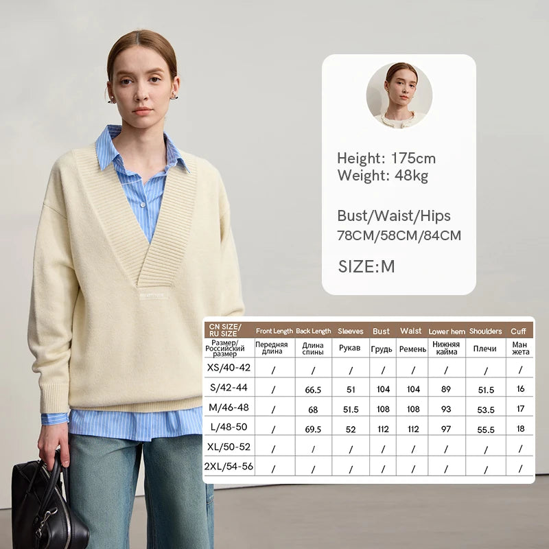 AMII Women's Sweater 2026 Winter New Minimalist Versatile V-Neck Loose Long Sleeve Knit Pullover Sweater Tops For Woman 12524084