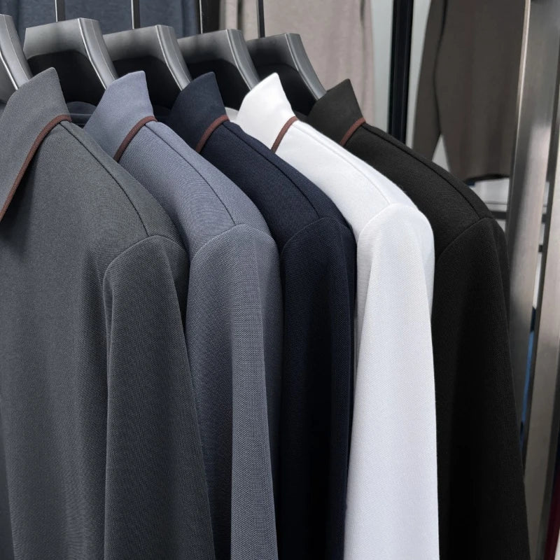 Men's Premium Long-Sleeve Polo Shirt Silk & Wool-Blend Fabric Breathable & Soft -4 Color Options -Upgraded Comfort Design