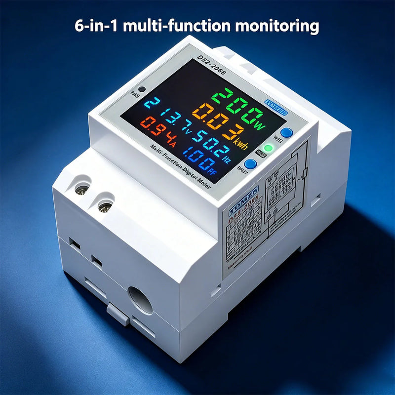 TOMZN WiFi Smart 6-in-1 AC Monitor 110/220V 100A Factor Active Energy Frequency Tuya kWh DIN Rail Measures Voltage Current Power
