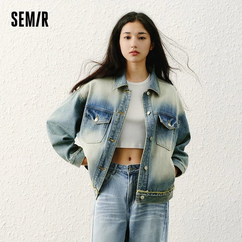 Semir Denim Jacket Distressed Loose DropShoulder Women Spring Casual Fashion Comfort StreetStyle Trend Cozy New 2026