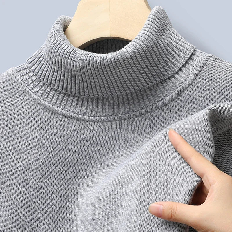 Stretch Knitted Turtleneck Top For Males Full Fleece Lining Thermal Warm Pullover Long Sleeve Casual Street Outfit
