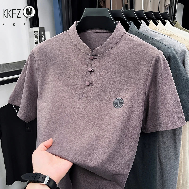 Men Mandarin Collar Short Sleeve T Shirt Casual Chinese Style Frog Button Top With Embroidery Breathable Summer Tee