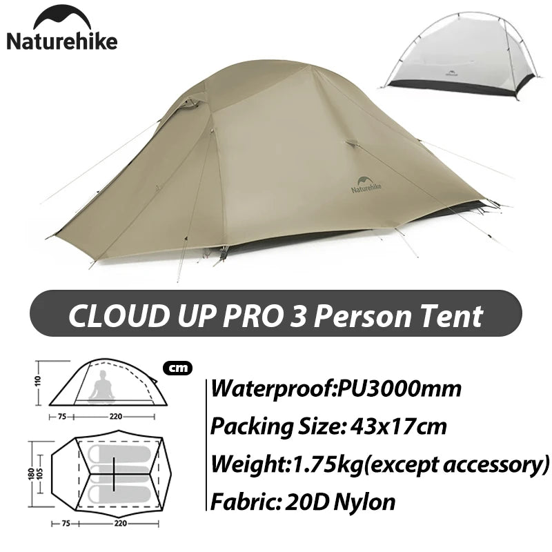 Naturehike 2025 New 3-Person 20D Cloud Up Pro Lightweight Portable Waterproof Backpacking Tent Outdoor Hiking and Camping Tent