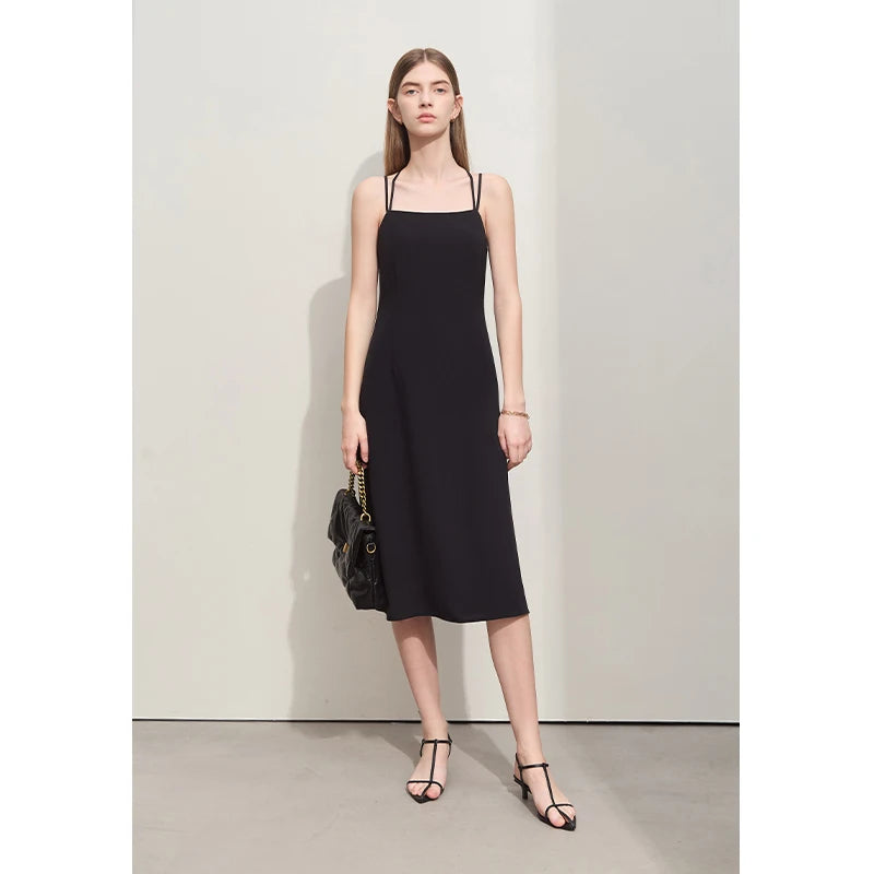 AmiiI Minimalism Halter Dresses for Women 2026 Summer New Solid Slim Fine Twill Woven Cross A-Line Casual Strap Dress 12422043