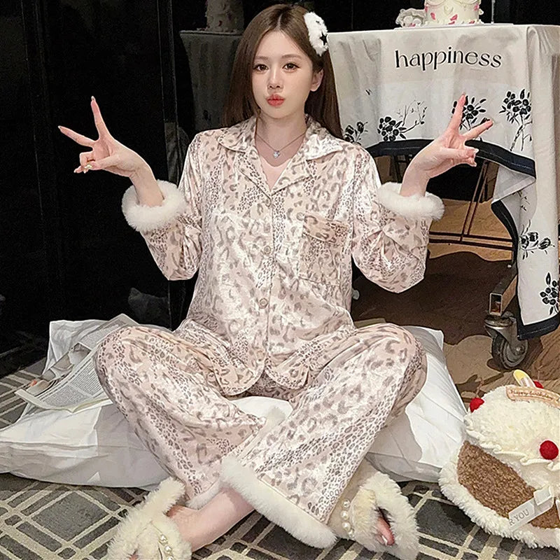 High Quality Gold Velvet Pajamas Women's Sleepwear Set 2026 Spring Autumn New Korean Plus Size Home Clothes Fleece Pijama Mujer