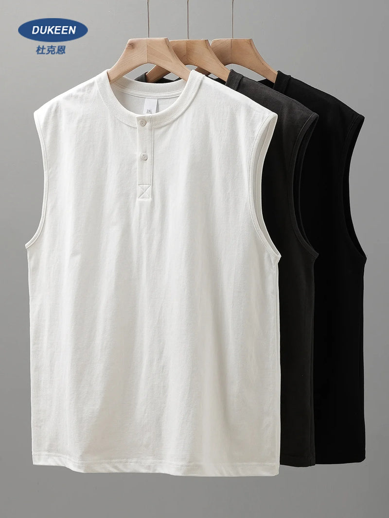 DUKEEN 100% Cotton Henley Collar Vest Men's Clothing Sleeveless Tops Oversized T-Shirt Solid Color Gym T-Shirt Man 11.3Oz