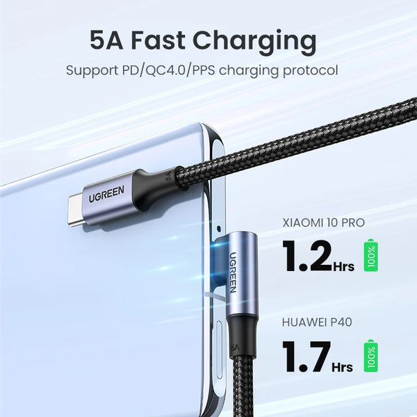 ខ្សែសាកហ្គេម UGREEN 90 ដឺក្រេ មុំខាងស្តាំ USB-C PD100W/60W Type-C 5A/3A សម្រាប់ iPhone 17/16 Samsung S26/25/24 0.5-3M