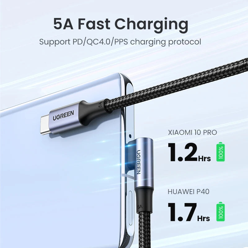 UGREEN 90 Degree Right Angle USB-C Cable PD100W/60W Type-C Gaming Charging Cable 5A/3A for iPhone 17/16 Samsung S26/25/24 0.5-3M