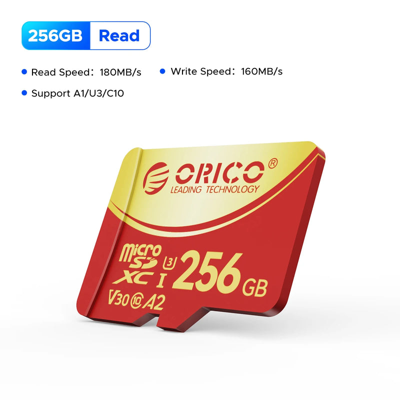 ORICO 256GB Micro SD microSDXC R/W Up to180MB/s Full HD and 4K UHD C10, U3, V30, 4K, A2 for Camera Drone Dash Cam