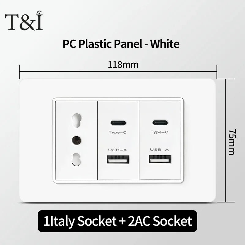 T&I 118  PC plastic panel  socket: USB Type-C, Italian switch , Chilean outlet, very suitable for residential and office spaces