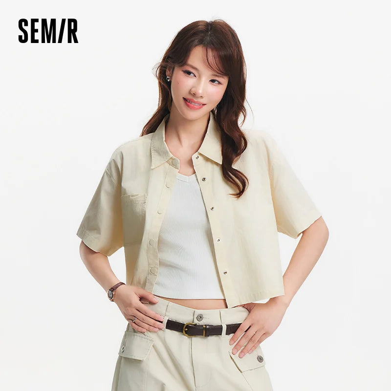 Semir Womens Shirt 2026 Short Sleeve Solid Loose Texture Lapel Tops Urban Workwear Style Casual Soft Comfortable Daily Wear