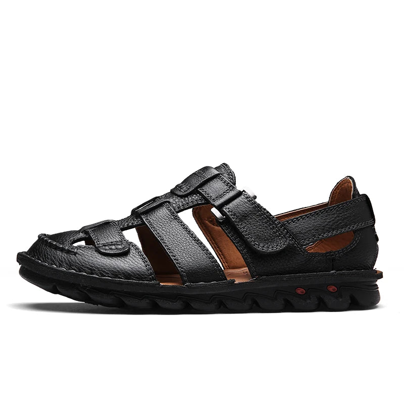 Summer Thick Sole Sandals Men Leather Toe Covered Sandals Black Brown Size 38-46 47 48 Dropshipping