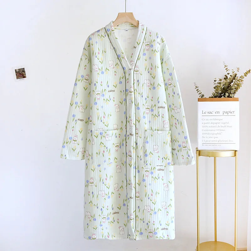Air Layer Cotton V-Neck Cardigan Dress Long Sleeve Women's Autumn Winter Nightdress Loose Thicken Warm Nightgowns Female