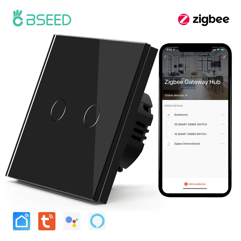 BSEED Zigbee Touch Switch 1/2/3Gang 1/2/3Way Smart Touch Light Switch Support Tuya Smart Life Alexa Control With No Neutral Line