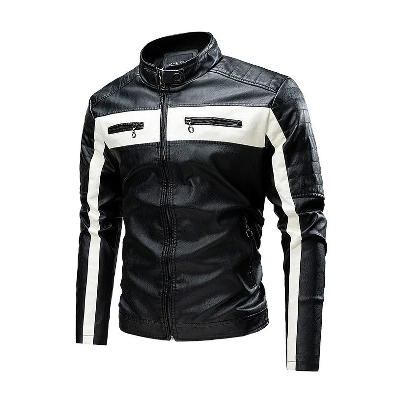 Autumn Men's Stand Collar Color-Block PU Jacket, Black Faux Leather Jackets, Spring Casual Coat. Asian Size Loose Fit Top.