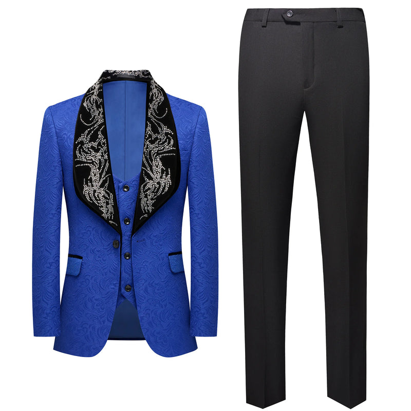 Red Men's Three-piece Suit Set Featuring A Jacquard Jacket and Vest Paired with Pants. Blue, Green, Purple, Pink, and White.