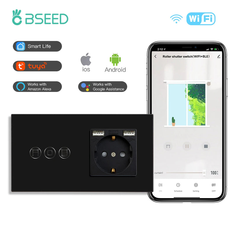BSEED Wifi Touch Roller Shutter Switch With EU Standard Wall Socket USB Type-C Smart Wireless Blinds Switch Tuya Alexa Control