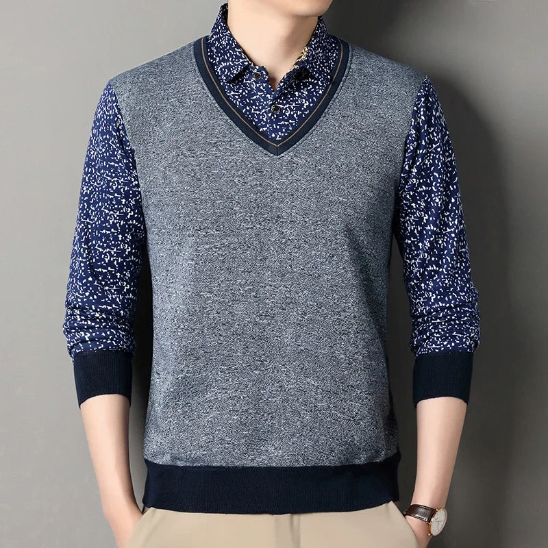 Men Thermal Knit Sweatshirt Faux Layered Style Printed Lapel Collar Fleece Inside Leisure Long Sleeve Pullover