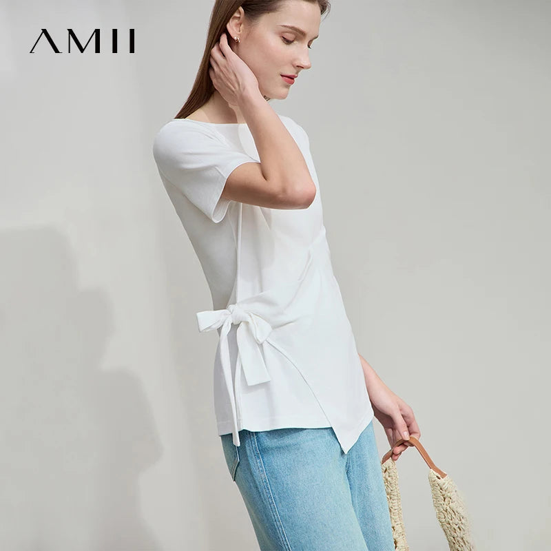AMII Women Casual Summer T-shirt 2026 New Short Sleeve Slash Neck Tie-up Piece Pleated Cotton Tee Woman Slim Top 12552035