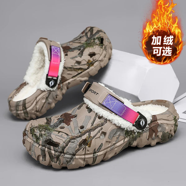 Winter Camo Fleece Lined Clogs Wide Toe Box Lightweight EVA Garden Shoes Adjustable Strap Non-slip Indoor Outdoor Slippers
