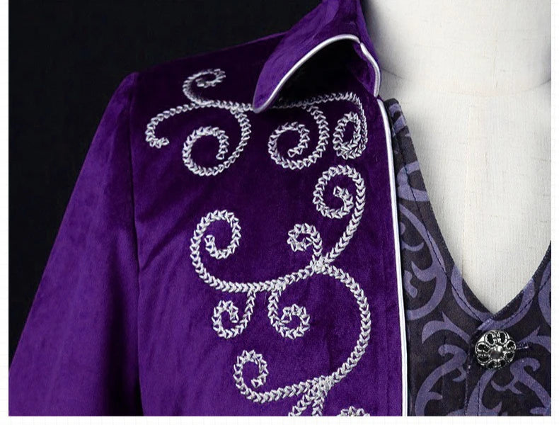 Red Embroidered Men's Long Jacket, Black Mock Two-piece Trench Coat, Purple Collared Vintage Tailcoat.