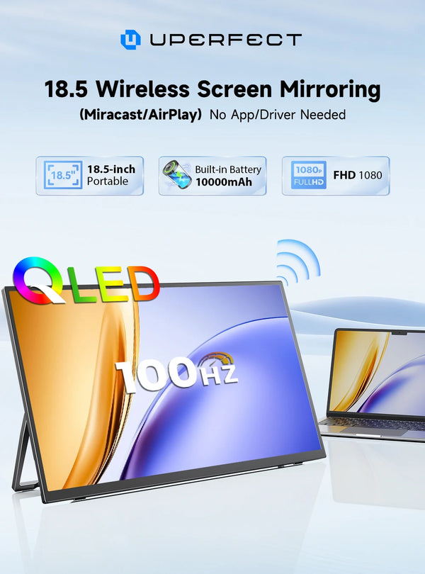 ម៉ូនីទ័រចល័តឥតខ្សែ UPERFECT មានថ្ម 10000mAh ភ្ជាប់មកជាមួយ អេក្រង់ទំហំ 18.5 អ៊ីញ FHD 1080P សម្រាប់ AirPlay Mirroring Screen សម្រាប់ទូរស័ព្ទកុំព្យូទ័រ