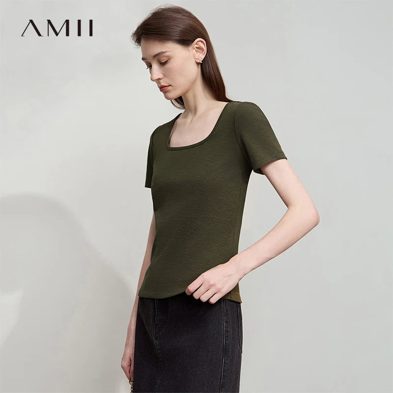 អាវយឺត AMII Minimalist រដូវក្តៅ 2026 សម្រាប់នារីការិយាល័យ ក U ដៃខ្លី អាវកប្បាសប៉ាក់ត្រង់ សម្លៀកបំពាក់សម្រាប់នារីៗ 12542304