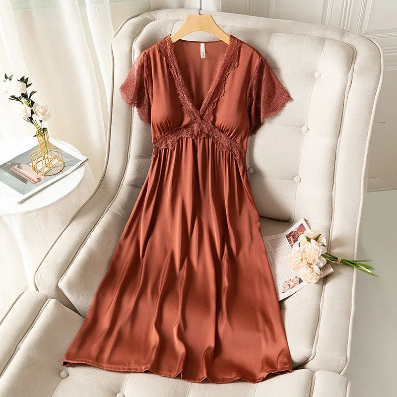 Fdfklak Sexy Silk Satin Thin Short-Sleeved Nightdress Women's Summer Nightgown New Princess Lace Ladies Sleepwear Nightshirt