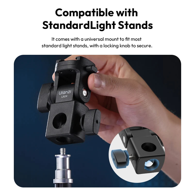Ulanzi LA04 Universal Light Stand Adapter ជាមួយជើងទ្រ Cold Shoe ទំហំ 1/4" សម្រាប់ជើងទ្រទូរសព្ទ កាមេរ៉ា DSLR ភ្លើង LED ផ្អៀង 180° សម្រាប់បំភ្លឺ
