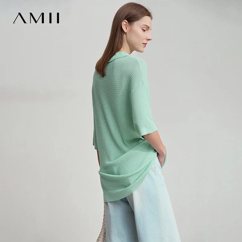 អាវធំ Amii សម្រាប់នារី រចនាបថប៉ូឡូ បែប Minimalist រដូវក្តៅ ថ្មី ចាស់ មានលំនាំរលក ចោះរន្ធ ដេរ អាវយឺតប៉ាក់រលុង 12552098