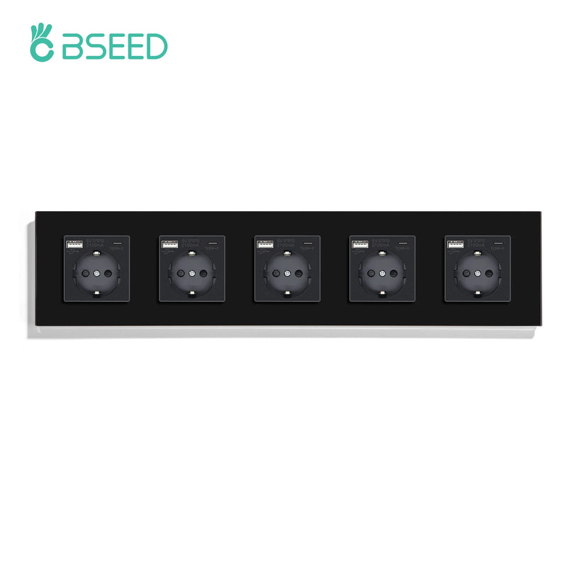 BSEED EU Wall Sockets Five Power Outlets USB Type-C Charge Port Glass Frame Sockets Wall Sockets Kids Protection 16A