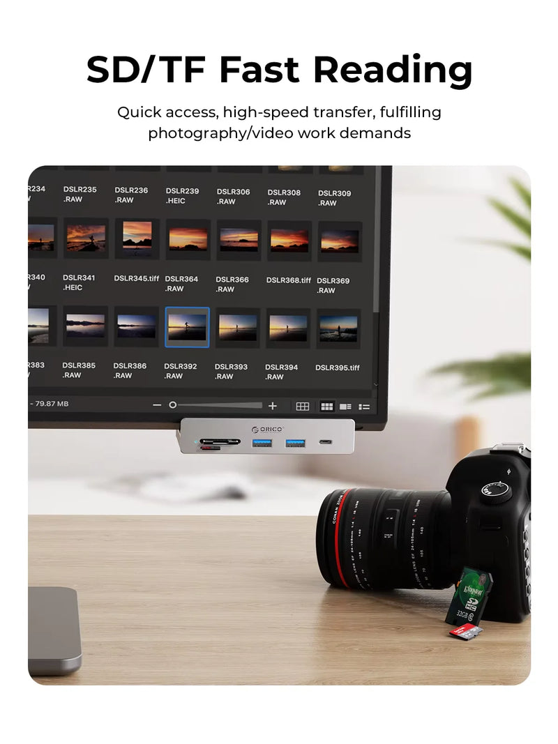 ORICO MH5PC USB 3.2 Hub 6-Port Expansion with Power Connector 10Gbps Protocol High-Speed Transmission SD TF Card Fast Reading