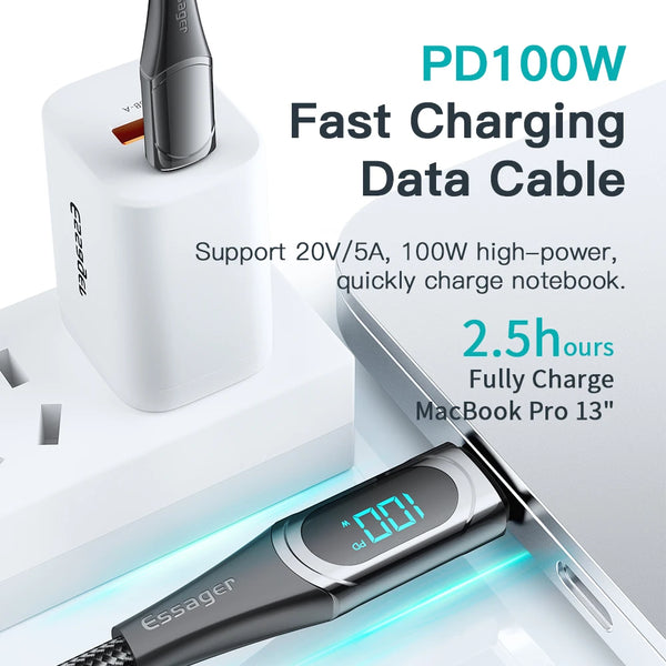 ខ្សែសាក Essager USB Type C ទៅ USB C 100W/5A PD សាកលឿនសម្រាប់ Macbook Xiaomi Samsung Type-C USBC Cable 2M