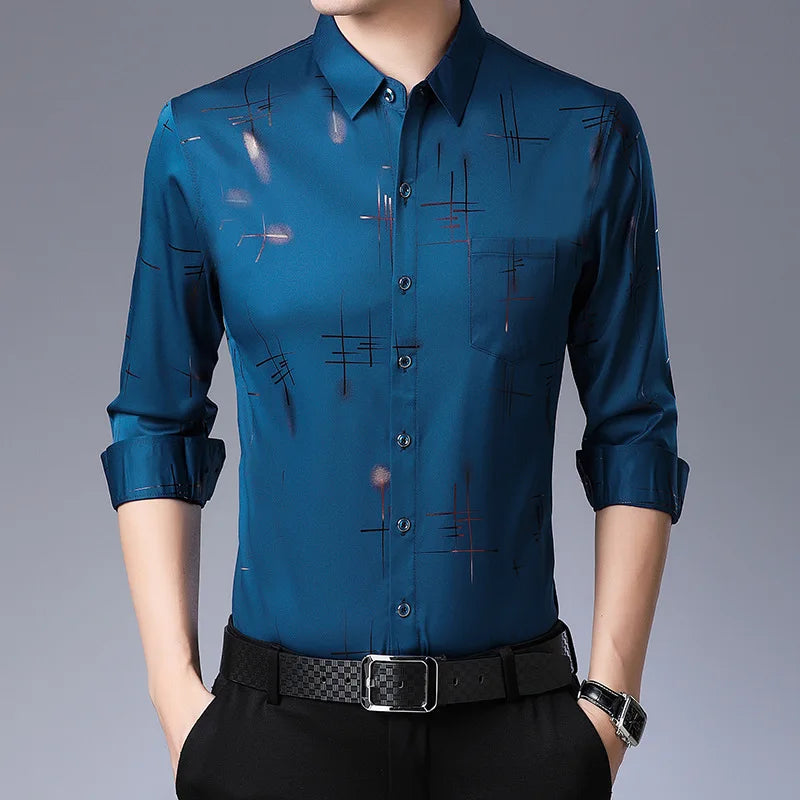 2026 Men's Casual and Fashionable Long Sleeved Printed Shirt, Non Ironing and Wrinkle Resistant Business Top. Asian sizes M–4XL