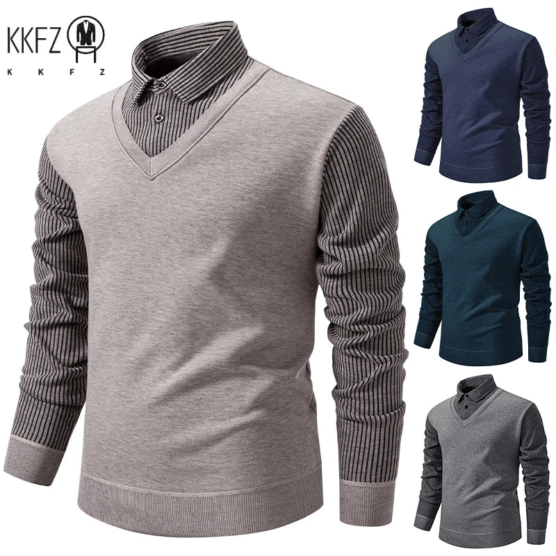 Daily Casual Male Knitted Pullover Fake Two Piece Waistcoat Fleece Lined Vertical Stripe Shirt Collar Slim Long Sleeve Garment