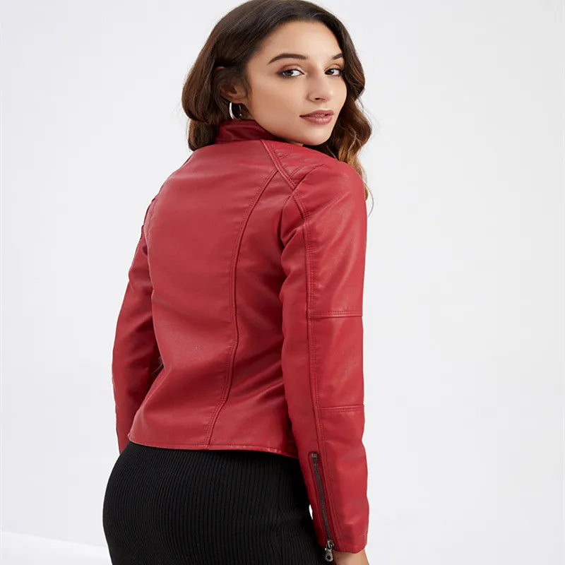 2026 Spring Women's Long-Sleeve Faux Leather Jacket Zip-Up Stand Collar PU Outerwear Available in Red, Black, Purple, Blue Coat.
