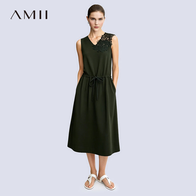 Amii Dress Woman 2026 Summer New V-Neck Drawstring Waist Sleeveless Lace Trim Elegant Office Casual Midi Women's Dress 12642209