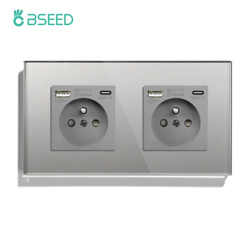 BSEED French Standard Single Wall Power Sockets Double France USB Type-C Port Outlet Crystal Glass Panel Children Protection 16A
