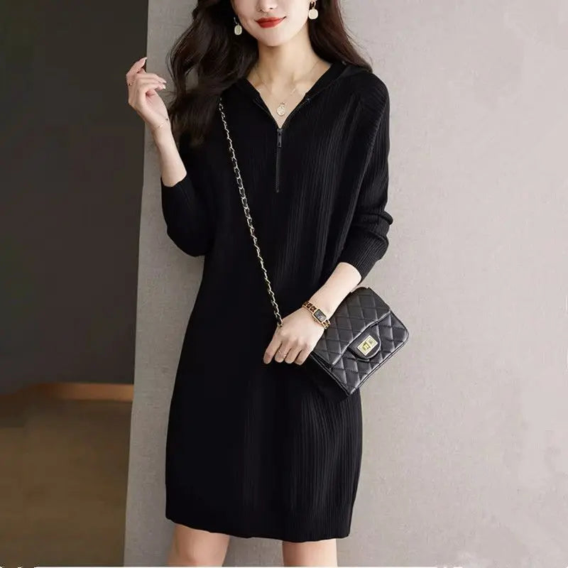 New Hooded Sweater For Women Short Dress Fashion Zipper Spring Autumn Long Sleeve Female Knitwear Jumper Woolen Pulls Femmes