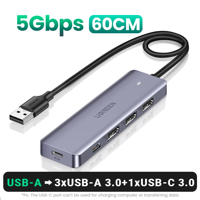 UGREEN USB HUB USB3.0 Splitter USB-A to 4xUSB-A 5Gbps Data Transfer Ports 5V/2A USB-C Power Supply for Desktop PC PS5 4 Laptop