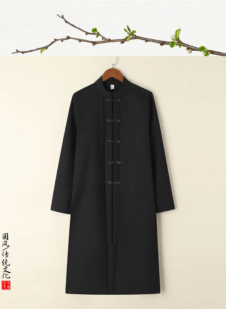 Chinese-style Men Black Trench Coat,Single-breasted Stand-up Collar Embroidered Long Jacket,Vintage-inspired Male Statement Top.