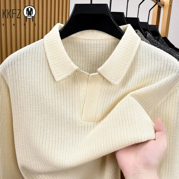 Mens Slim Lapel Knit Pullover Textured Knitting Material Half Button Placket Long Sleeve Casual Autumn Winter Clothing