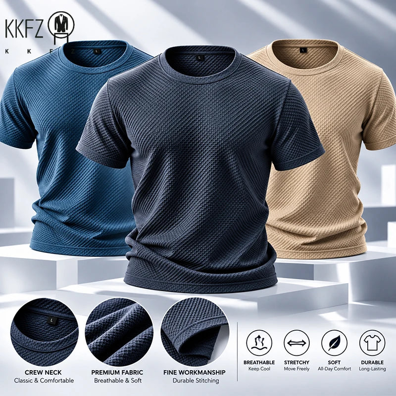 Mens Short Sleeve T Shirt Garment Fine Workmanship Breathable Soft Waffle Material Stretchy Fit For Casual Daily Wearing